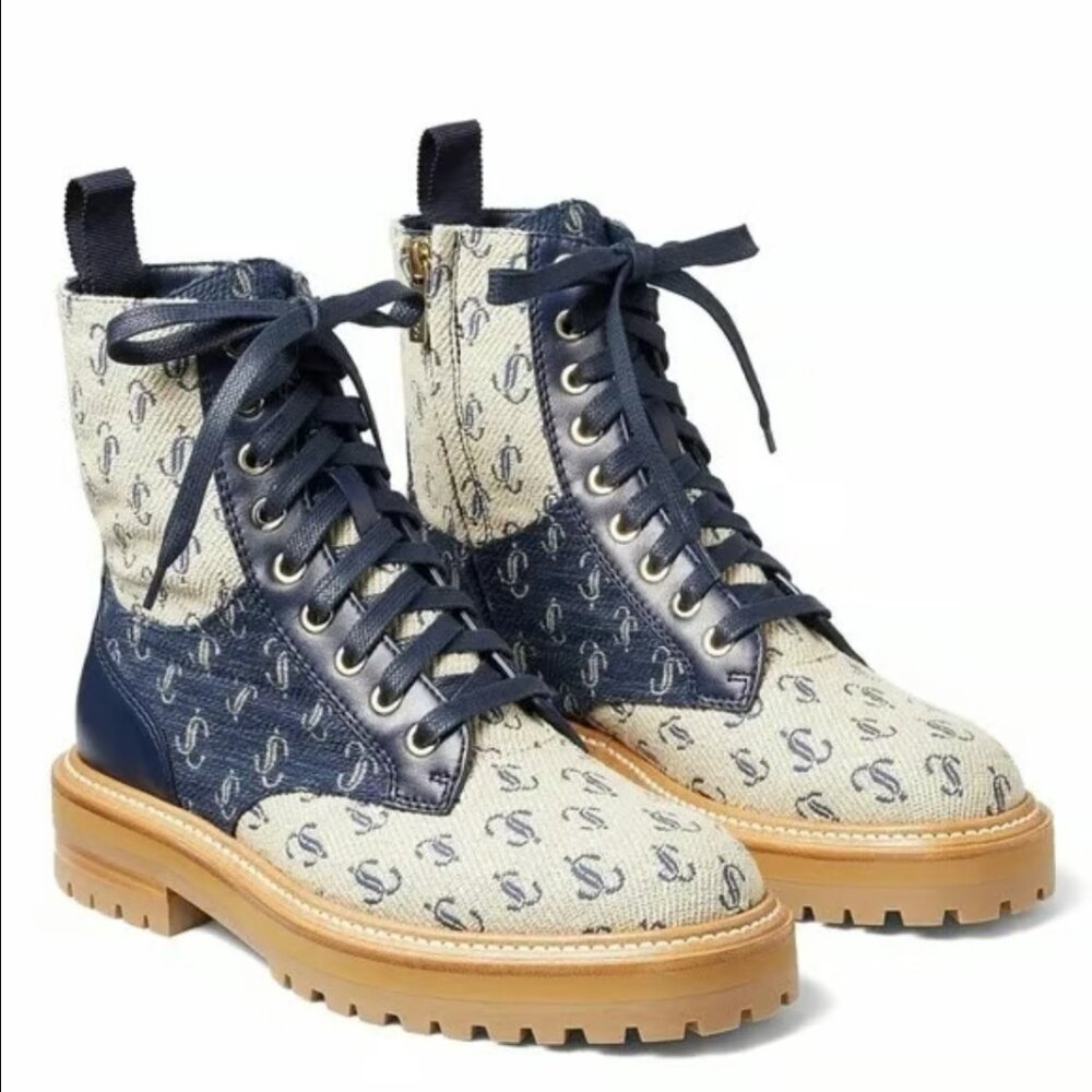 Jimmy Choo Jacquard Monogram Calfskin Cora Flat Combat Women Boots Sand Dune 39
